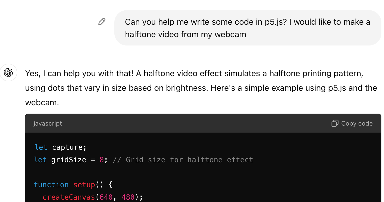 A screenshot of a chatGPT conversation with a prompt about creating halftone webcam images with p5.js